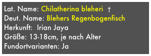 Lat. Name: Chilatherina bleheri  †
Deut. Name: Blehers Regenbogenfisch
Herkunft:  Irian Jaya
Größe: 13-18cm, je nach Alter
Fundortvarianten: Ja
