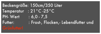 Beckengröße: 150cm/350 Liter 
Temperatur   : 21°C -25°C
PH- Wert       : 6,0 - 7,5
Futter:           : Frost-, Flocken,- Lebendfutter und Grünfutter!
